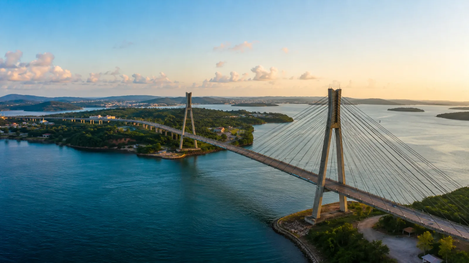 Barelang Bridge and the islands around Batam at dusk