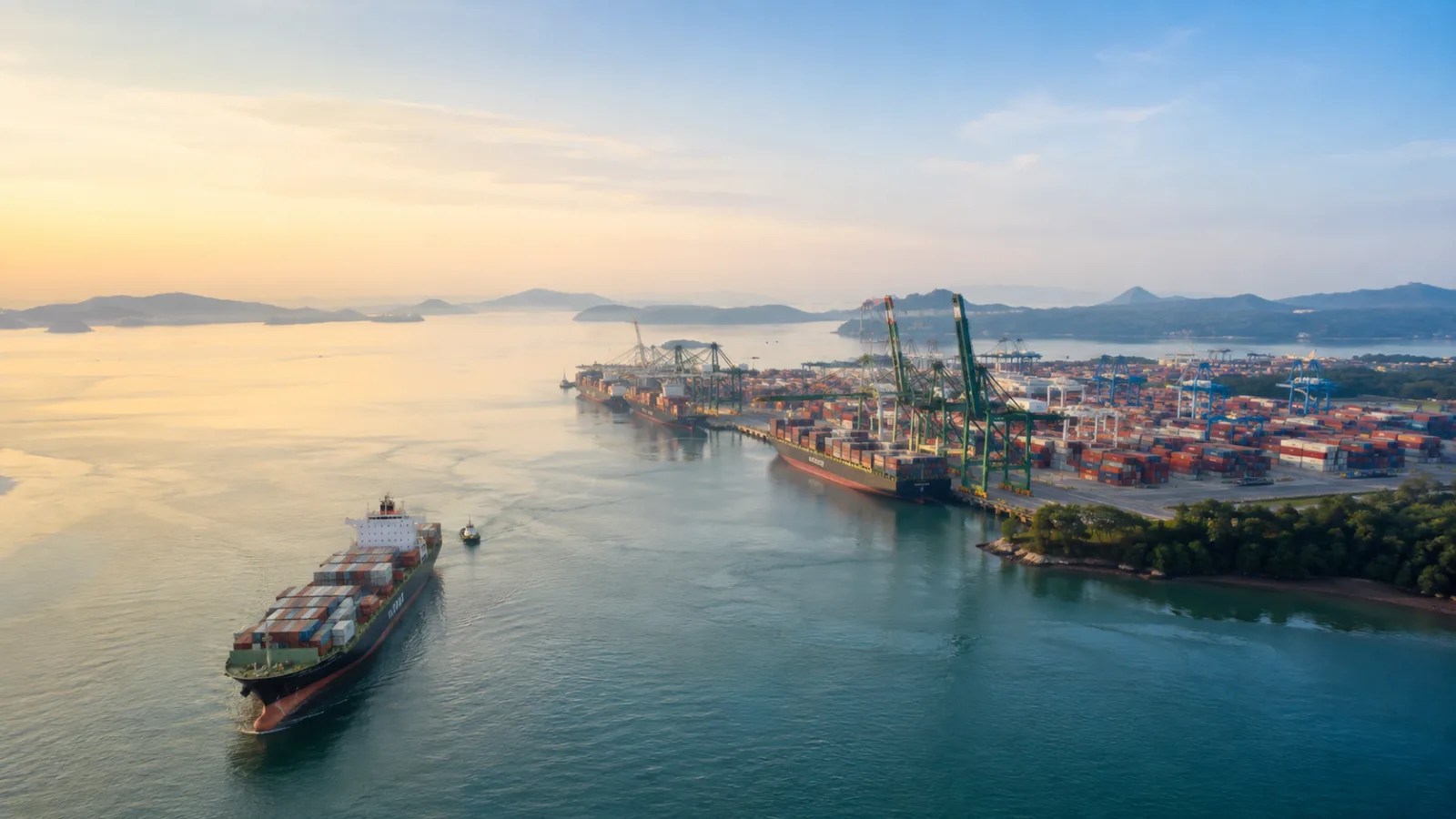 Container terminal near Batam at sunrise
