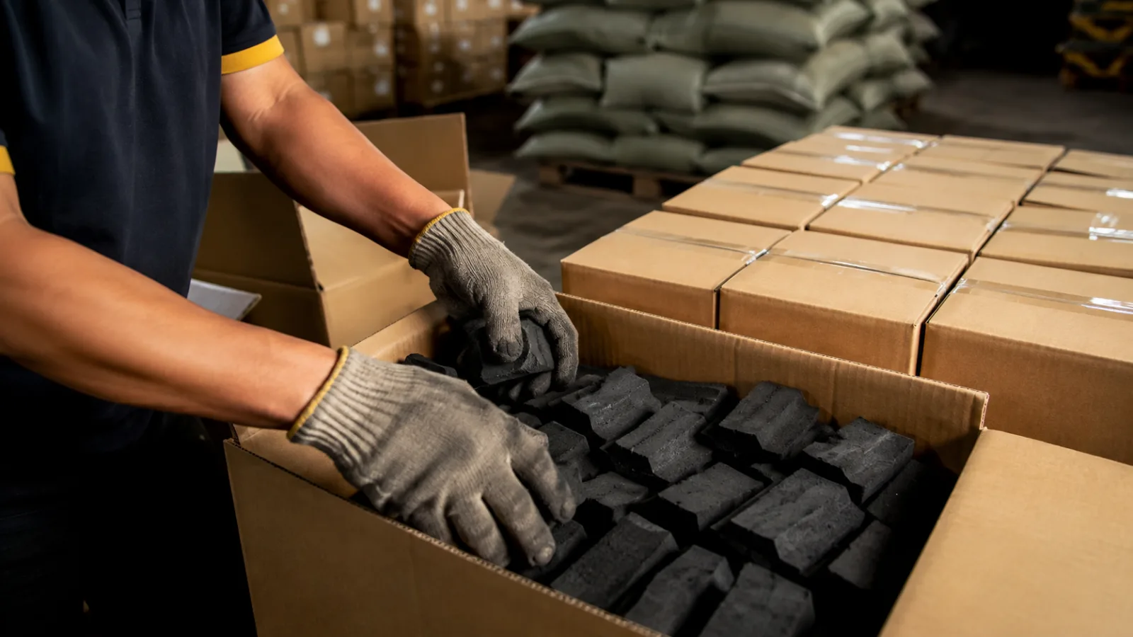 Briquettes being packed into export cartons