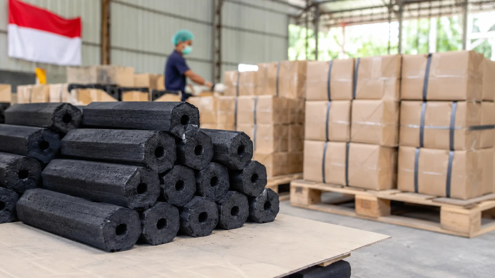 Briquette cartons stacked in a warehouse before loading