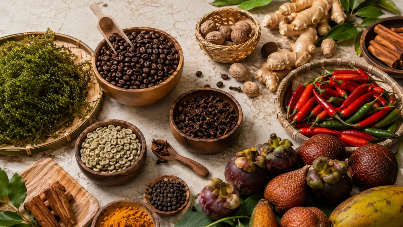 Indonesian commodities laid out together, seaweed, vanilla and briquettes