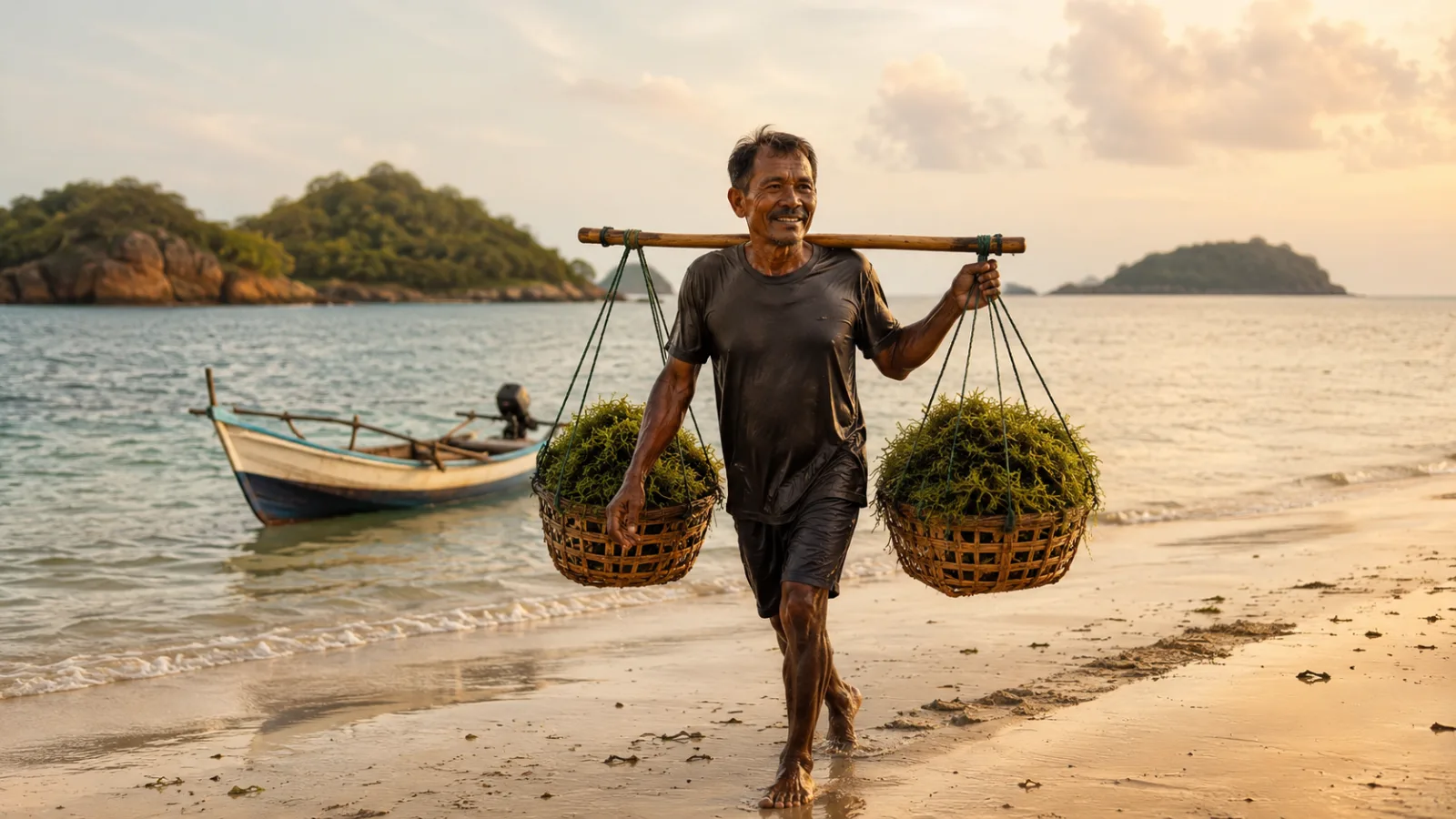 Farmer carrying baskets along the shoreline