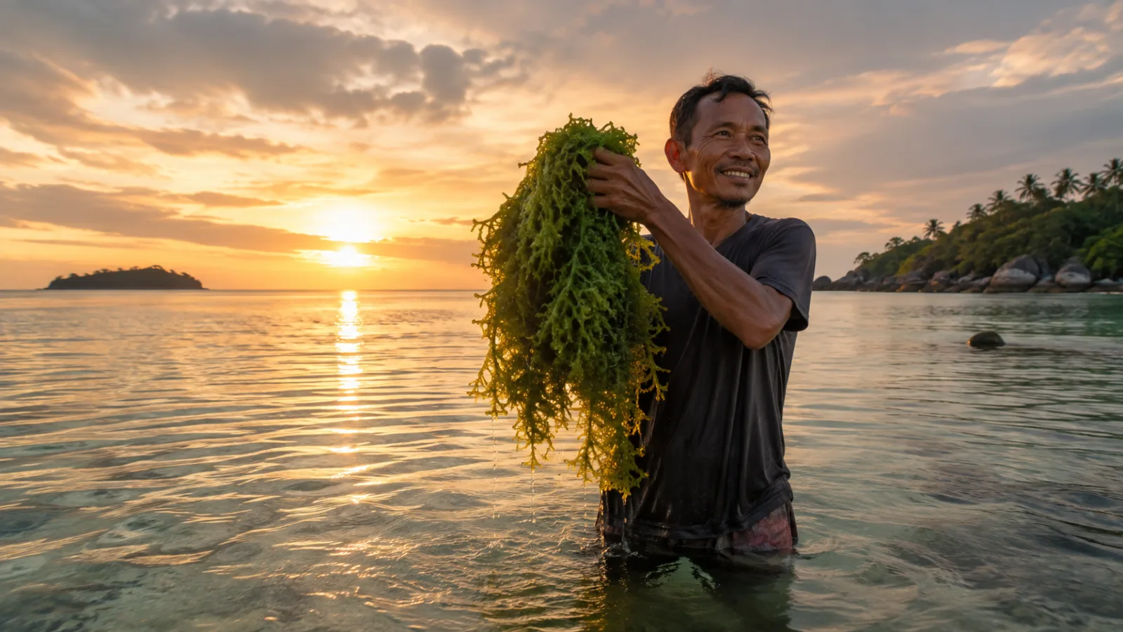 A farmer carrying harvested seaweed at sunset