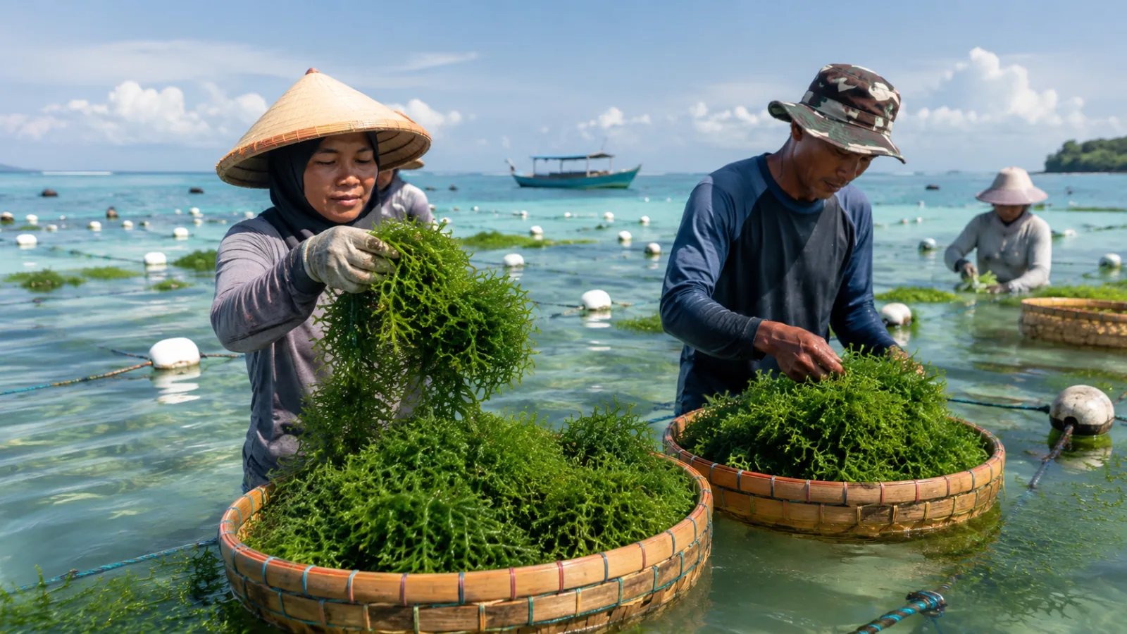 Seaweed farmers filling baskets in shallow water