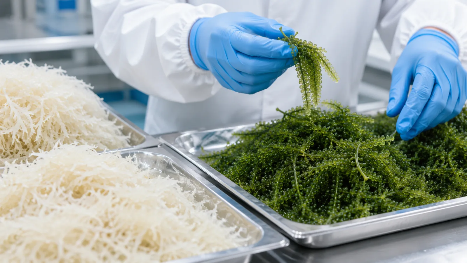 Dried seaweed being inspected and graded by hand