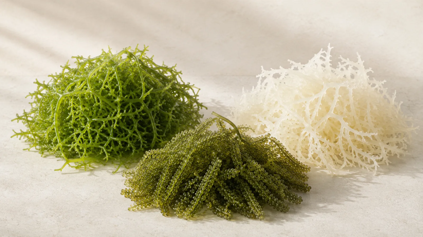 Three grades of Indonesian seaweed laid out side by side