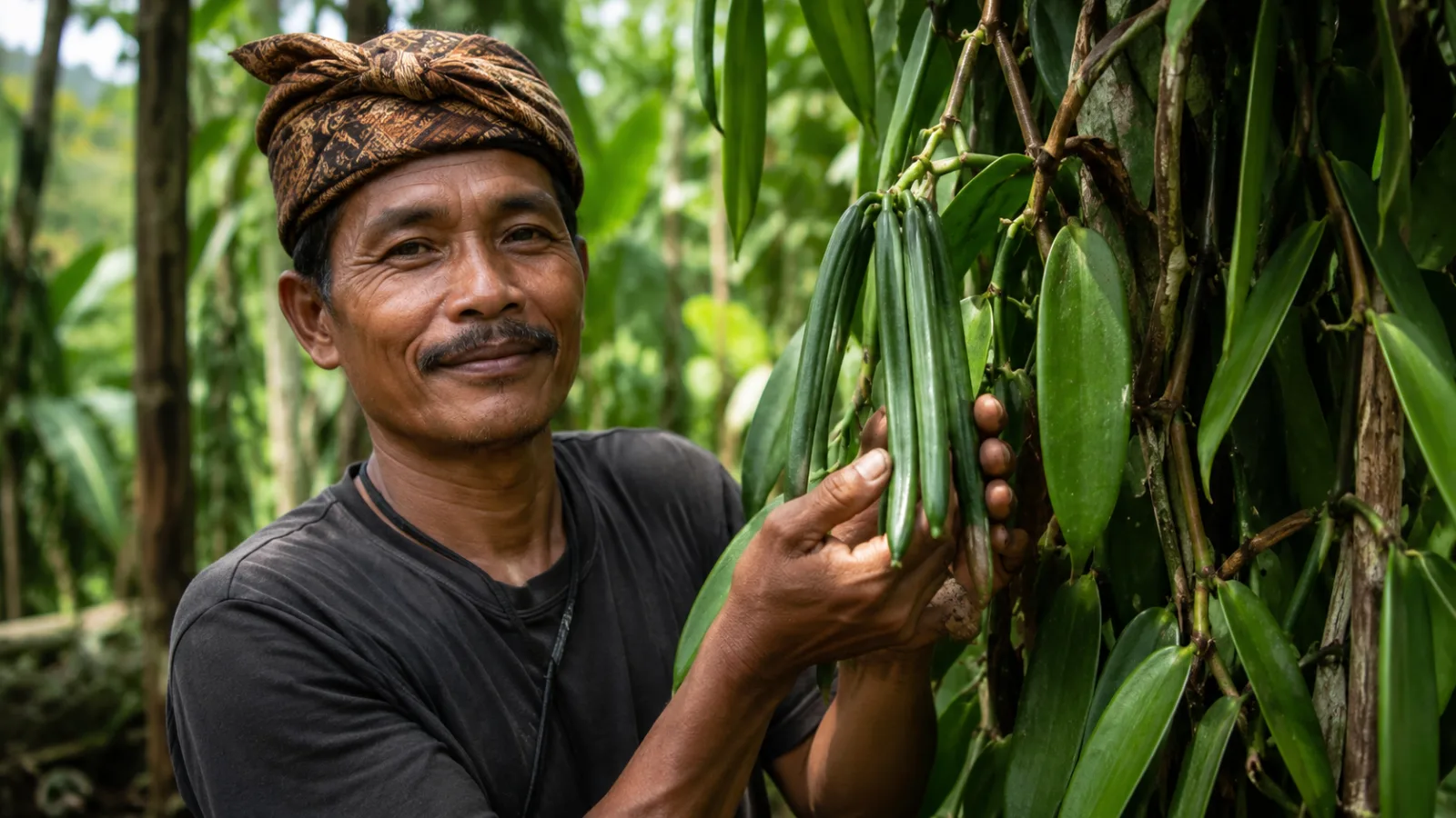 Farmer holding freshly harvested vanilla pods