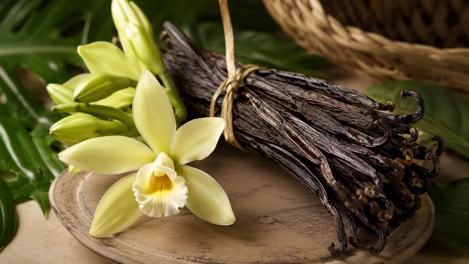 Vanilla orchid flower beside cured beans