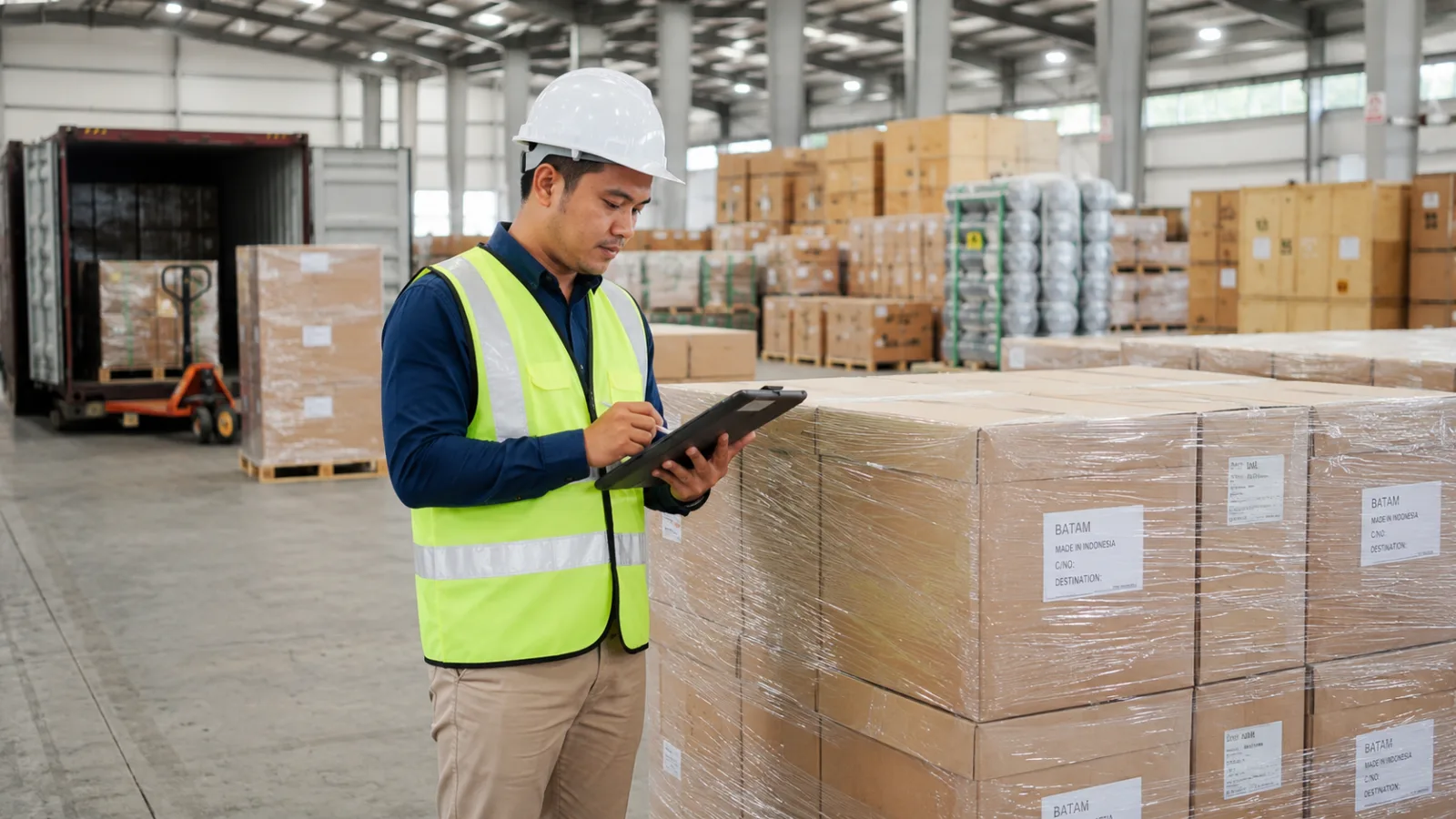 Export cartons marked Batam being checked in a warehouse