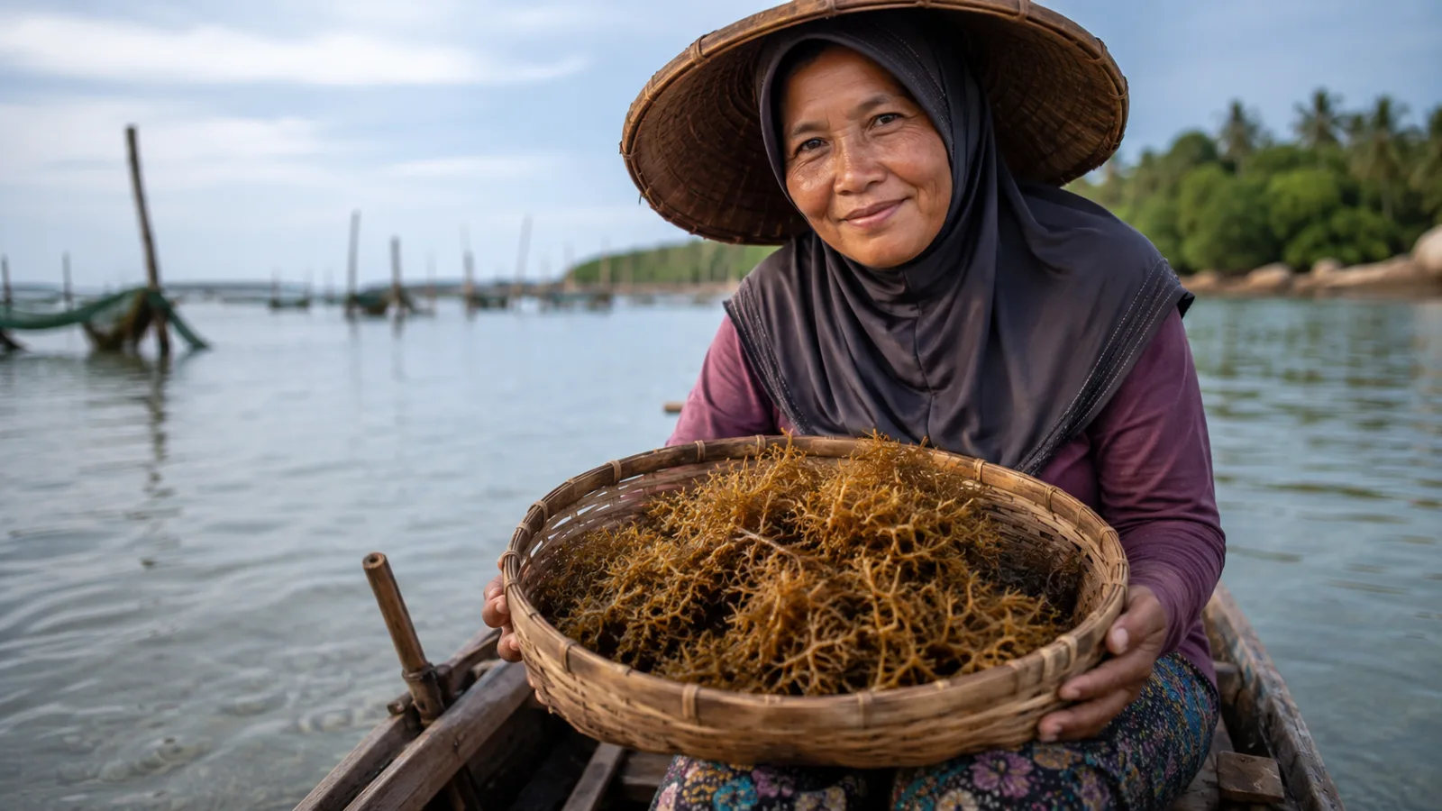 A seaweed farmer holding a basket of fresh harvest beside her boat