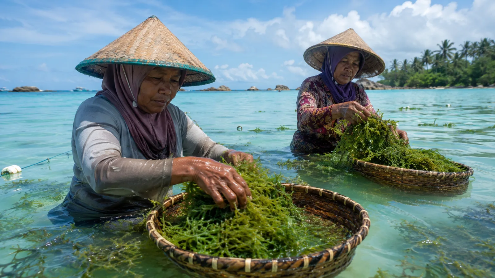 Producers harvesting seaweed in shallow coastal water
